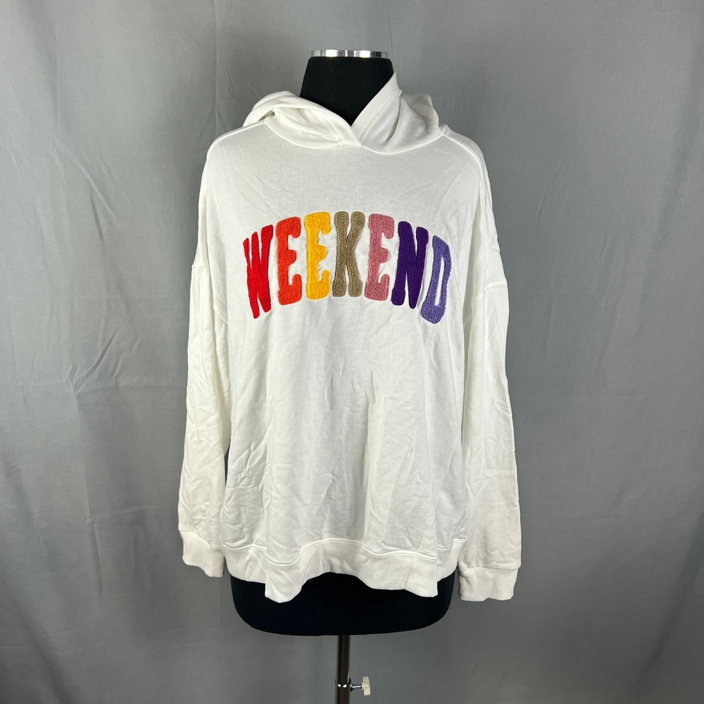 Emily Daniels Weekend Hoodie Womens XL White Applique Stretch Ribbed Trim Winter